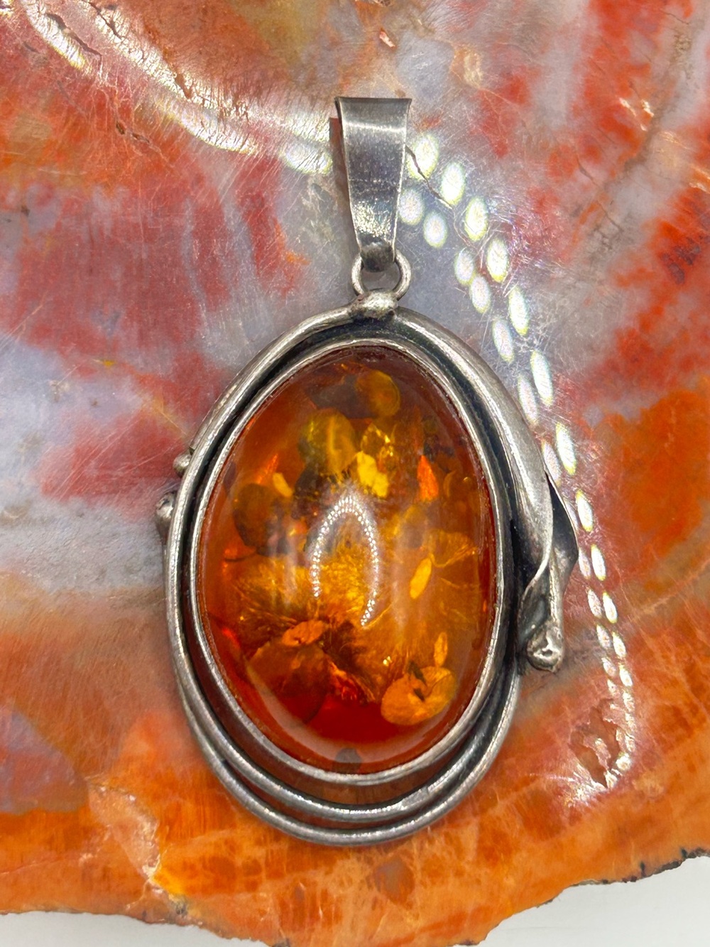 Antique Sterling Silver Amber Pendant